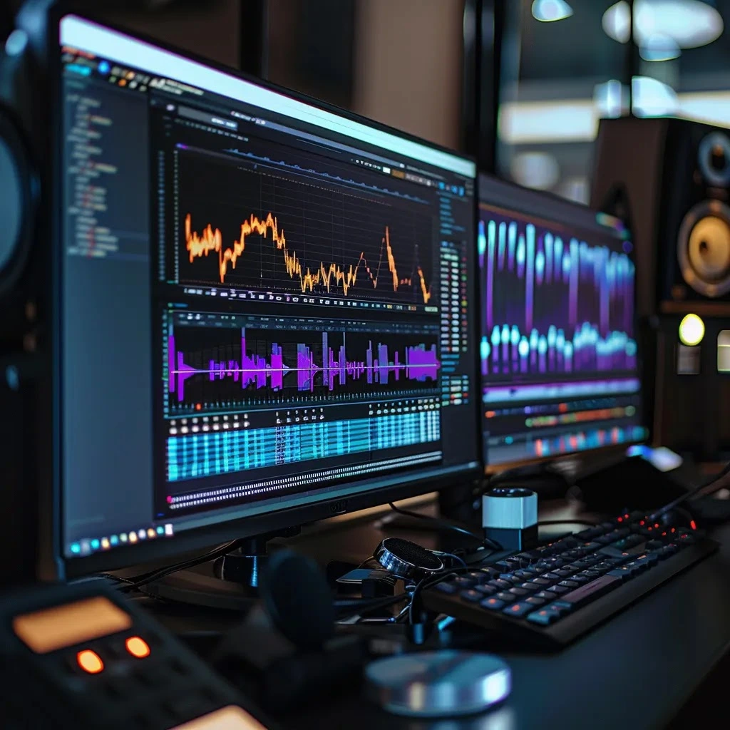 un écran d'ordinateur affiche des motifs de formes d'onde vibrantes, illustrant un outil d'ia avancé en train de séparer les pistes audio en voix et en instruments, le tout dans un environnement de bureau moderne, éclairé de manière professionnelle et dynamique. un écran d'ordinateur affiche des motifs de formes d'onde vibrantes, illustrant un outil d'ia avancé en train de séparer les pistes audio en voix et en instruments, le tout dans un environnement de bureau moderne, éclairé de manière professionnelle et dynamique.