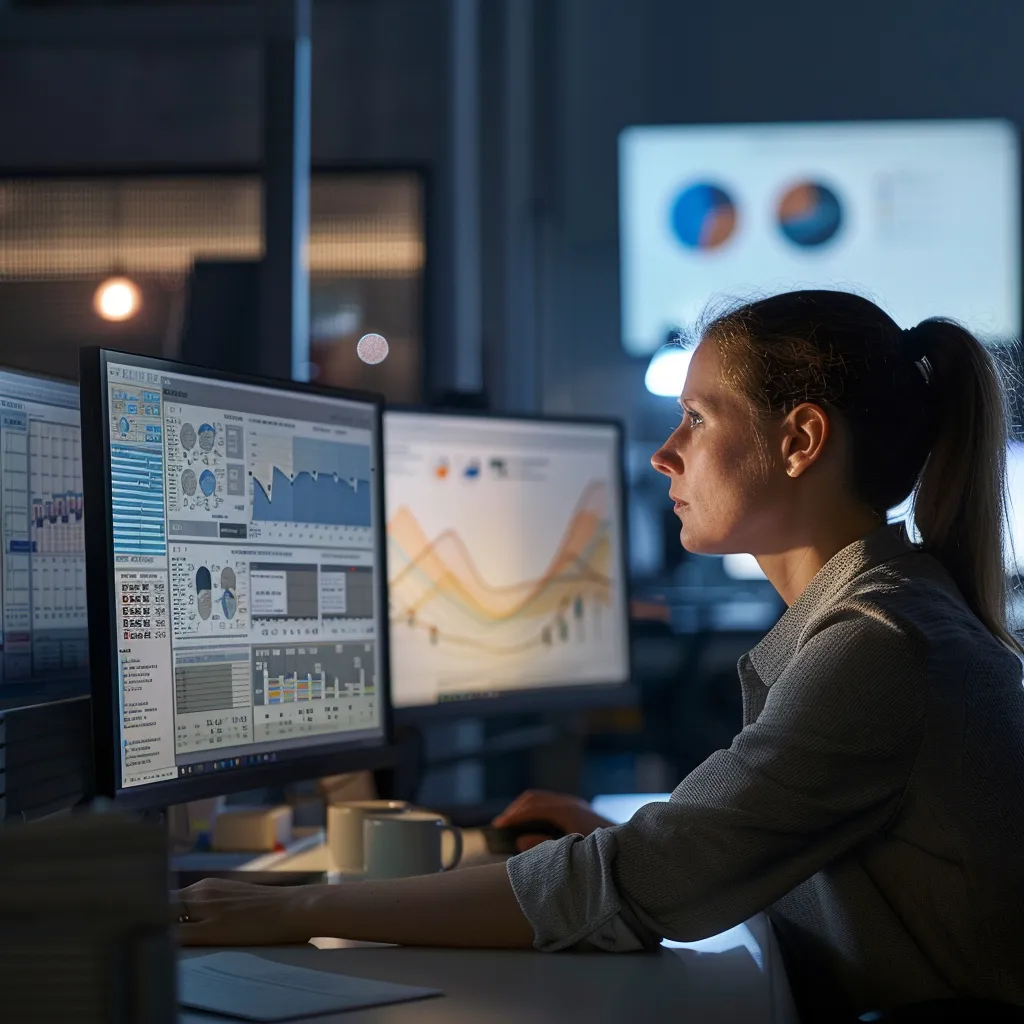 un professionnel concentré devant un écran d'ordinateur, illuminé par une lumière douce, où s'affiche une interface claire d'un logiciel de génération vocale, entouré d'un environnement de bureau moderne et épuré, Voix IA
