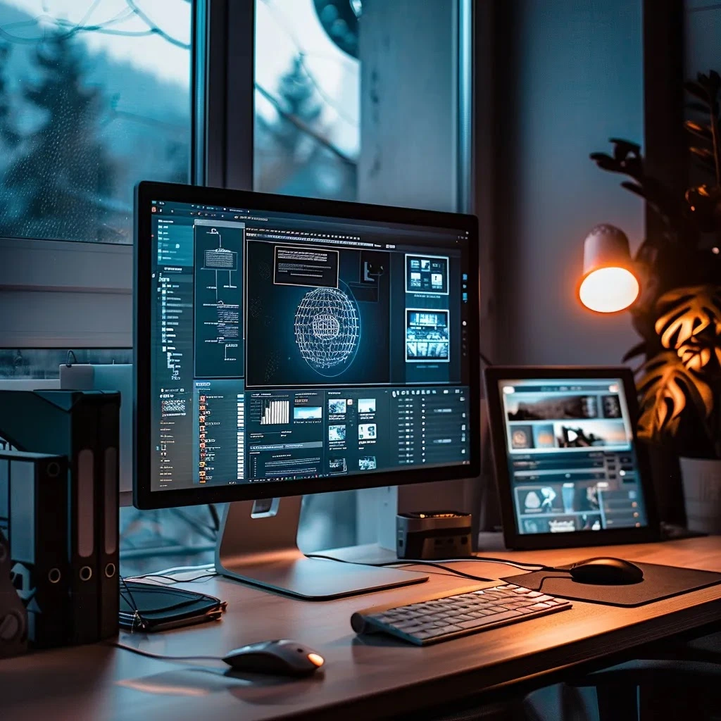 un espace de travail moderne et minimaliste, où un écran d'ordinateur affiche une interface de conception de site web futuriste intégrant des éléments d'intelligence artificielle, illustrant la création gratuite de sites avec une esthétique high-tech et intuitive.
