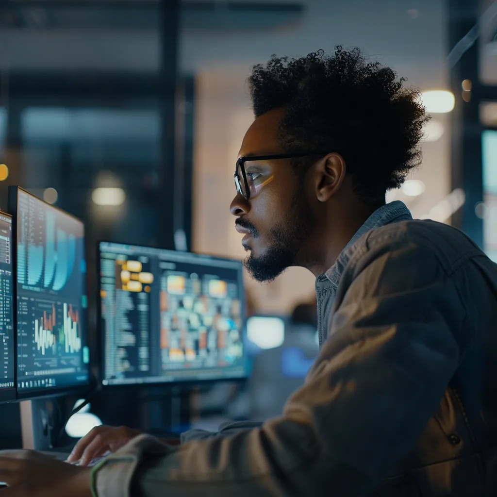 dans un bureau moderne et épuré, une personne concentrée devant son ordinateur visualise une interface claire d'un logiciel de génération de voix, illustrant le processus créatif de l'intelligence artificielle.