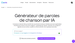 Page web Canva: générateur de paroles de chanson par IA, champ de saisie et boutons.