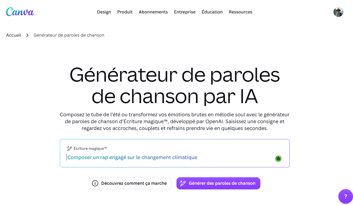Page web Canva: générateur de paroles de chanson par IA, champ de saisie et boutons.