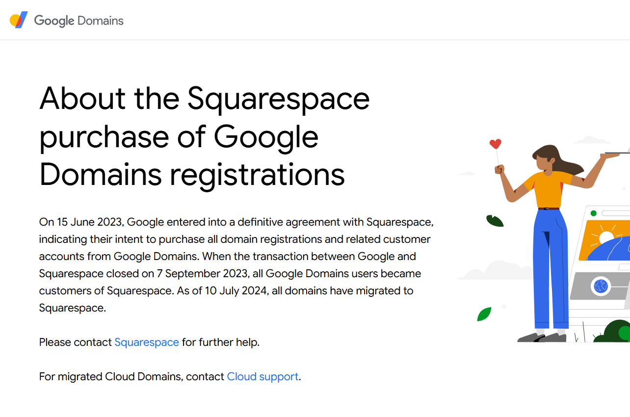 Page web Google Domains annonçant l'acquisition des enregistrements de domaines par Squarespace, avec illustration.