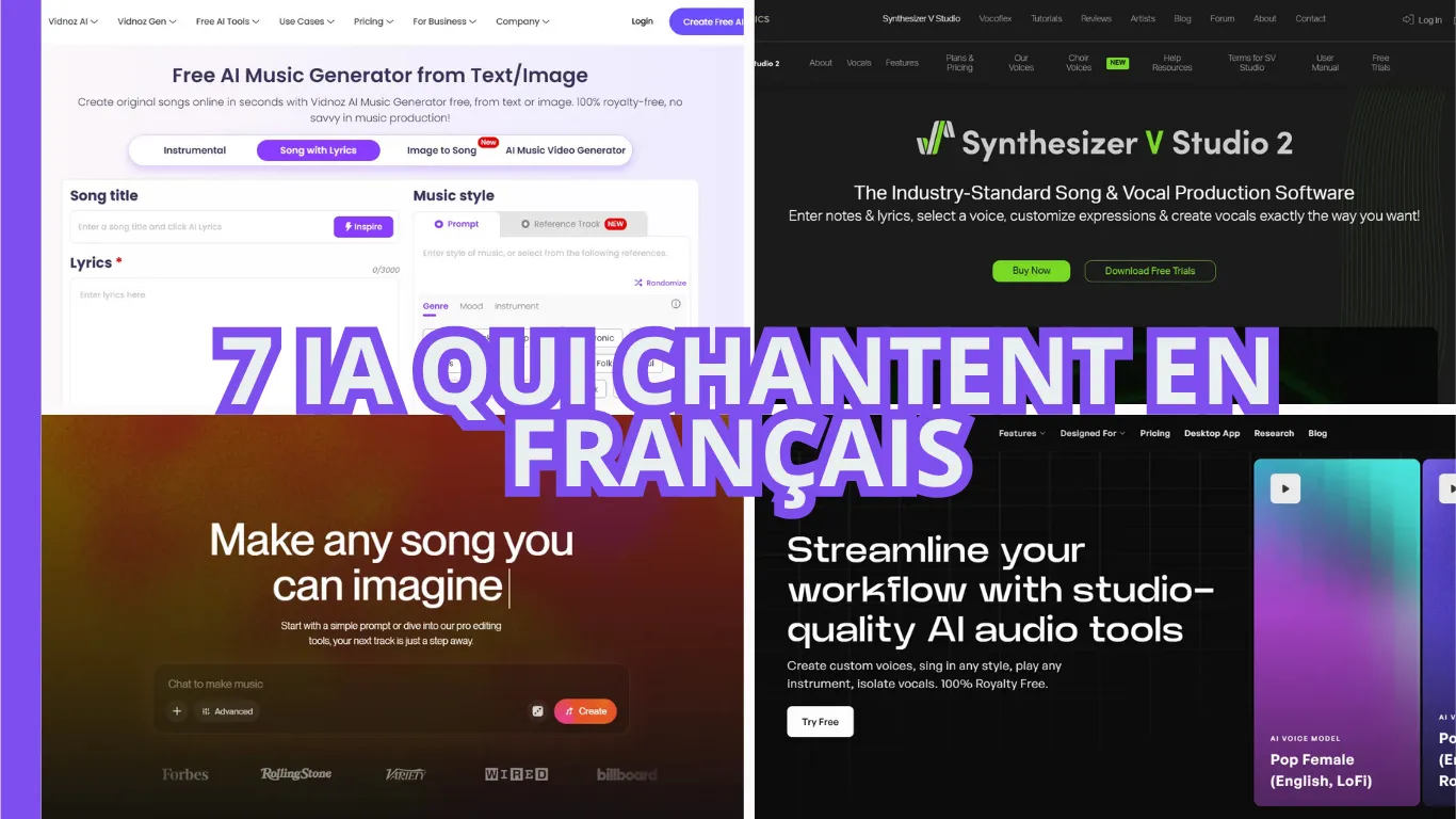 Interfaces de logiciels de génération musicale et vocale par IA avec texte « 7 IA QUI CHANTENT EN FRANÇAIS ».