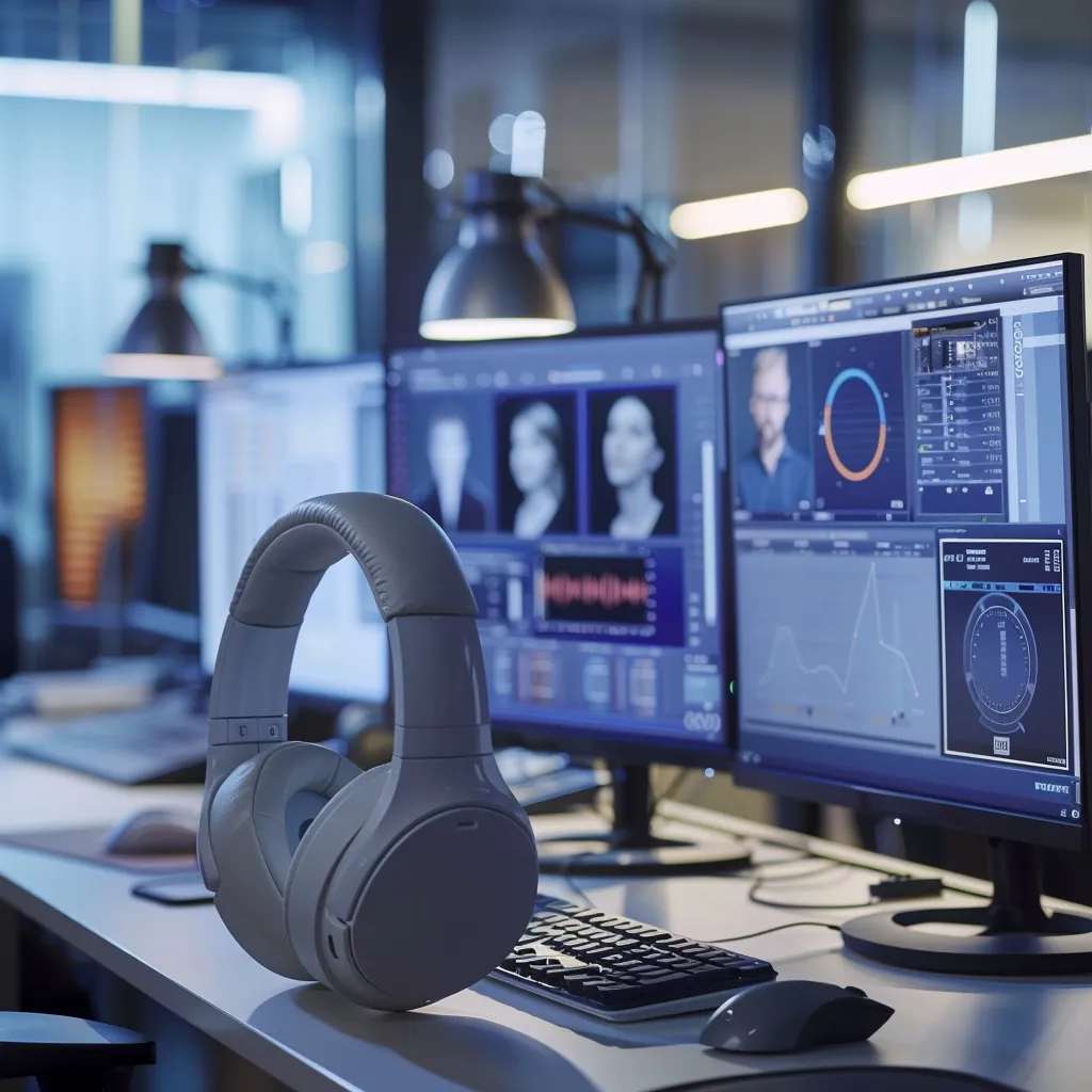 une scène moderne d'un bureau épuré où une personne concentre toute son attention sur un écran d'ordinateur affichant une interface de logiciel de génération vocale, tandis qu'un casque audio repose à proximité, capturant l'essence de la création de voix personnalisées avec l'intelligence artificielle.