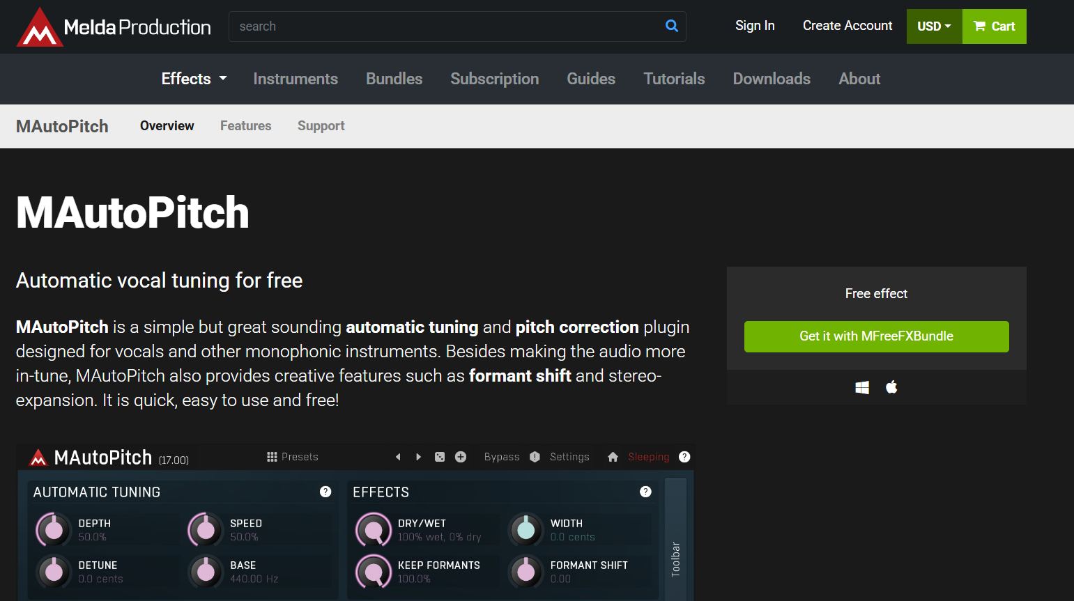 Page web de MAutoPitch, un logiciel de correction vocale gratuit avec son interface.