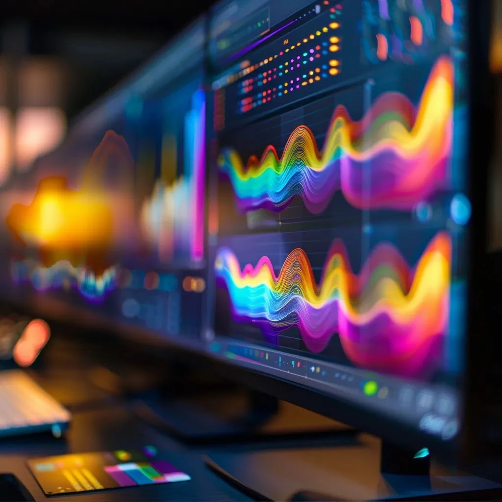 une scène captivante d'un écran d'ordinateur affichant un outil d'ia avancé, séparant les voix de la musique avec des formes d'onde éclatantes, illustrant avec clarté le traitement audio professionnel dans un environnement de bureau moderne.