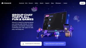 Interface Discord sur écran d'ordinateur et téléphone, avec personnages animés et manette de jeu.