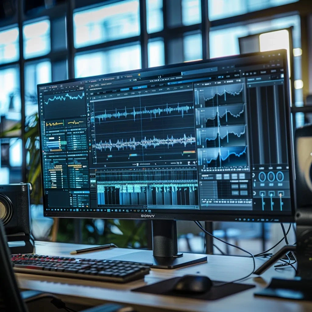 un écran d'ordinateur affiche une interface utilisateur sophistiquée d'un outil d'ia avancé, visualisant des formes d'ondes audio saisissantes alors que les pistes sont séparées en composants vocaux et instrumentaux, dans un environnement de bureau moderne et épuré. un écran d'ordinateur affiche une interface utilisateur sophistiquée d'un outil d'ia avancé, visualisant des formes d'ondes audio saisissantes alors que les pistes sont séparées en composants vocaux et instrumentaux, dans un environnement de bureau moderne et épuré.