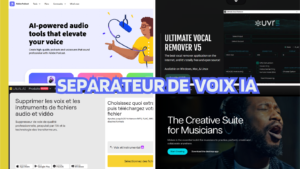 Collage d'écrans présentant des logiciels de séparation vocale assistée par IA.