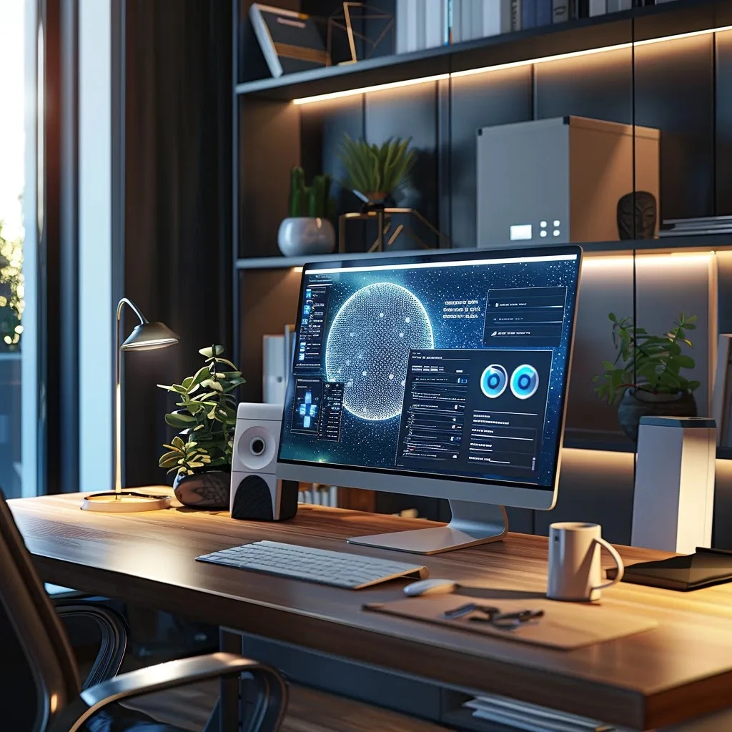 un bureau moderne et épuré mettant en avant un écran d'ordinateur affichant une interface de conception de site web futuriste, symbolisant la création intuitive et gratuite de sites avec des outils d'intelligence artificielle.