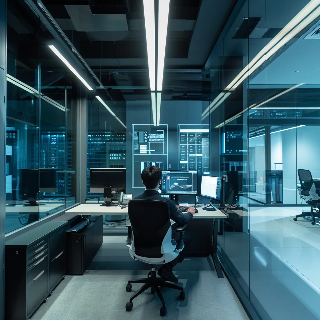 un bureau moderne, épuré et professionnel, où une personne absorbée par son ordinateur interagit avec un logiciel de génération de voix, mettant en avant une interface claire et intuitive d'un outil d'intelligence artificielle pour la synthèse vocale.