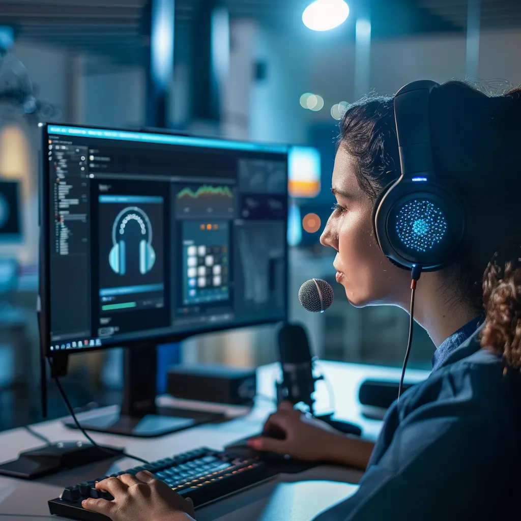 dans un espace de travail moderne et épuré, une personne concentrée devant un ordinateur affiche une interface claire d'un logiciel de génération vocale par intelligence artificielle, tandis qu'un casque et un microphone sont posés à proximité, illustrant la création de voix personnalisées.