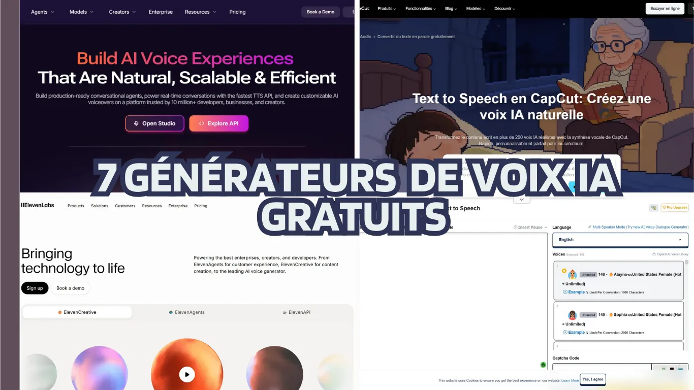 Plusieurs interfaces de sites web présentant des générateurs de voix IA, avec un texte superposé.