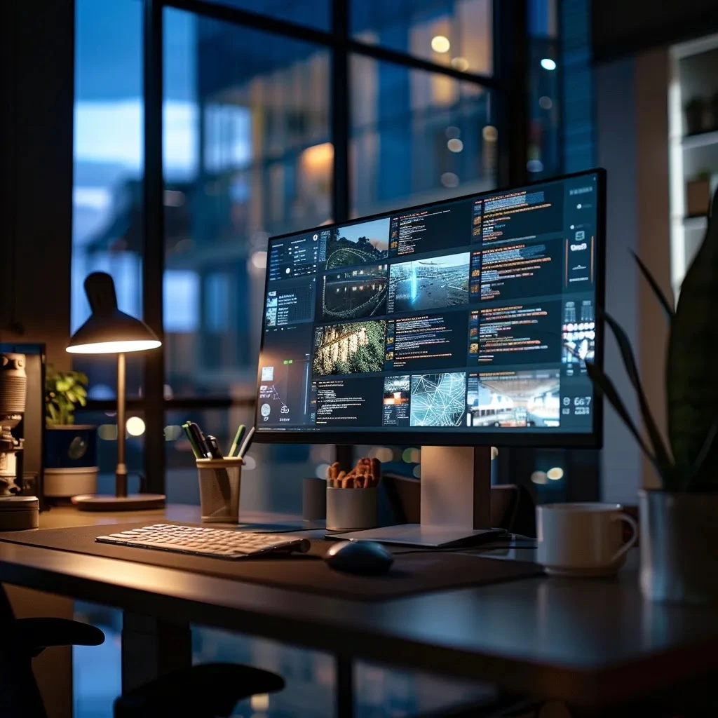 un écran d'ordinateur moderne affiche une interface de conception de site web futuriste, illuminé par une lumière douce, dans un espace de travail minimaliste et élégant, symbolisant la création intuitive et accessible de sites web grâce à l'intelligence artificielle.