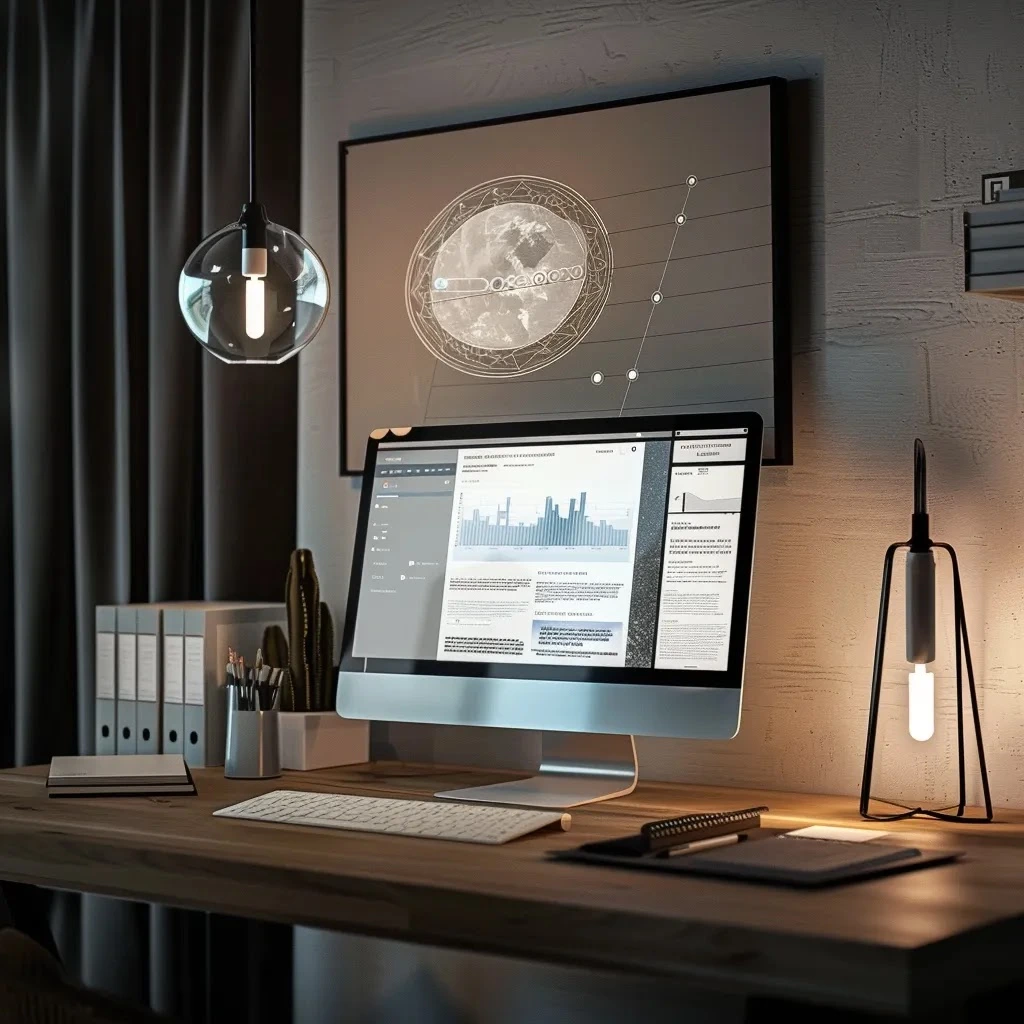 un écran d'ordinateur moderne affiche une interface de conception de site web futuriste, illuminée par une douce lumière naturelle, dans un environnement de travail minimaliste et high-tech, symbolisant la création intuitive et ia création site web gratuit