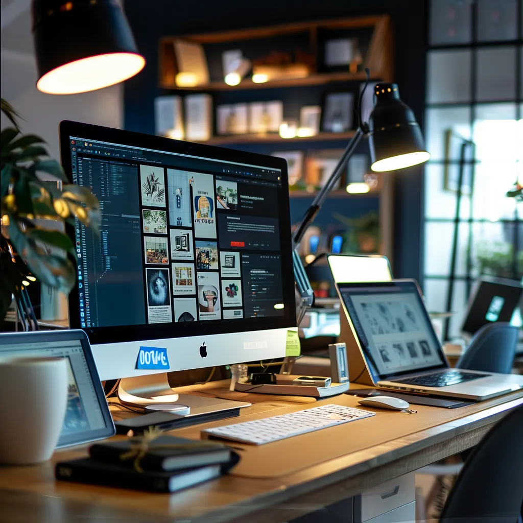 un élégant écran d'ordinateur affiche un module wordpress moderne avec une interface conviviale et des icônes vibrantes, le tout dans un bureau minimaliste lumineux et professionnel.