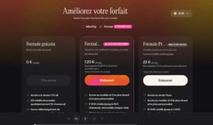 Interface de sélection de forfait avec trois options : gratuit, populaire et premium.