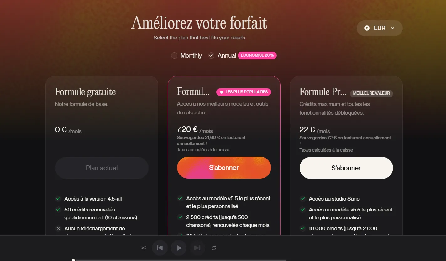 Interface de sélection de forfait avec trois options : gratuit, populaire et premium.