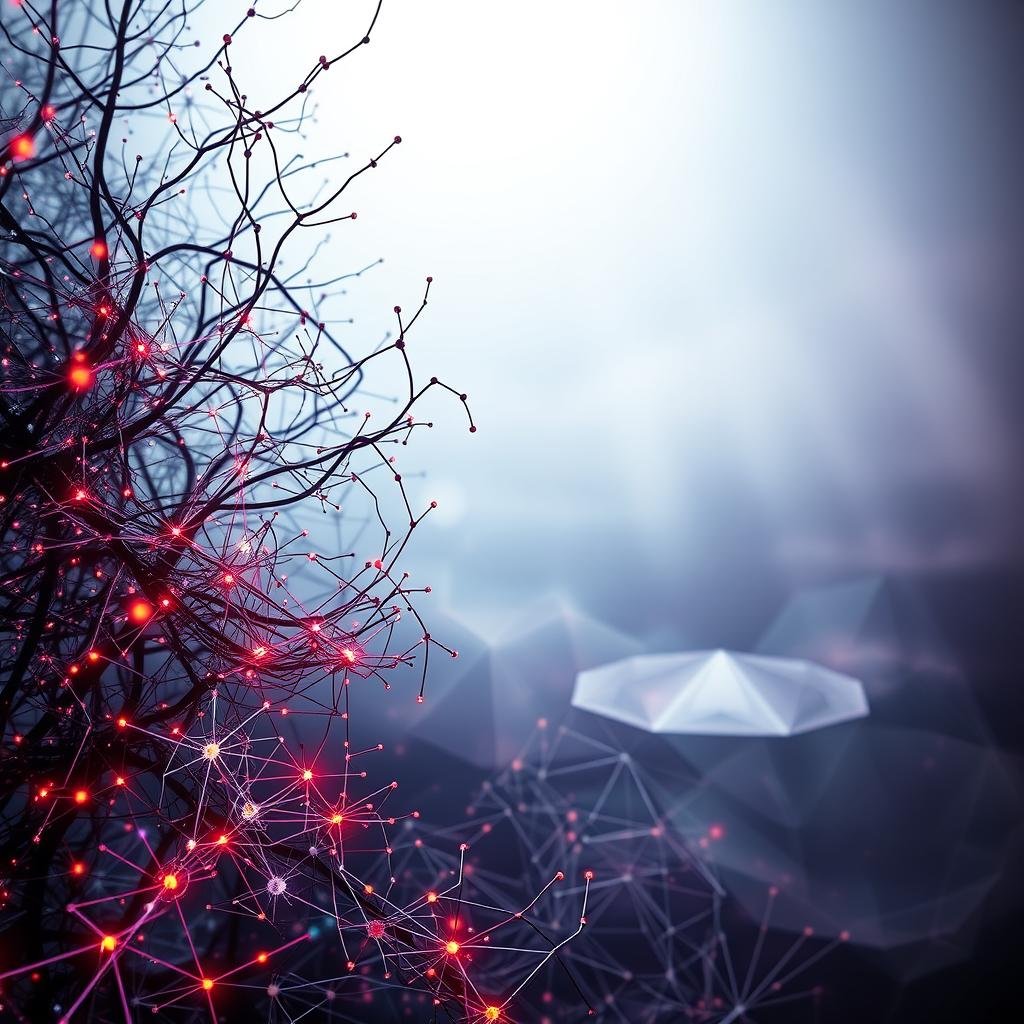 A complex neural network of interconnected nodes and layers, pulsing with vivid colors and dynamic energy. The foreground showcases an intricate web of neurons, firing with cascading patterns of light and shadow. The middle ground reveals the intricate architecture of the network, with sleek lines and geometric shapes that converge and diverge in a mesmerizing dance. In the background, a hazy, ethereal landscape of abstract shapes and gradients, suggestive of the boundless potential of this powerful AI technology. The scene is illuminated by a soft, directional light that casts dramatic chiaroscuro effects, adding depth and dimensionality to the composition. The overall atmosphere is one of scientific wonder and technological advancement, capturing the essence of image generation through neural networks. ia prompt image