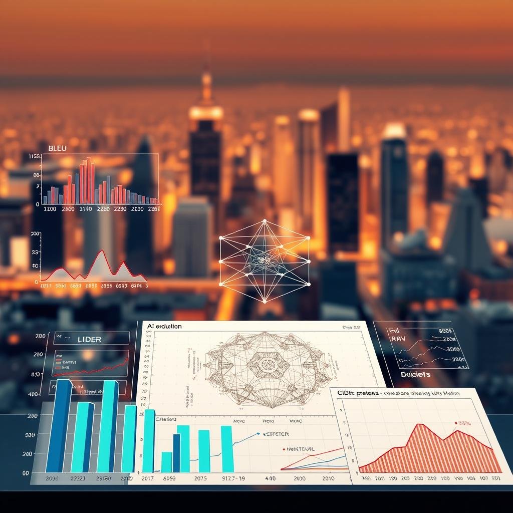 A highly detailed technical illustration depicting a set of AI evaluation metrics. The foreground features various data visualization elements like bar charts, line graphs, and scatterplots, each labeled with technical terms like "BLEU", "METEOR", and "CIDER". The middle ground showcases a large AI model schematic, with intricate neural network layers and architectural components. In the background, a blurred cityscape provides a sophisticated urban setting, with skyscrapers and infrastructure hinting at the practical applications of this technology. The entire scene is lit by a warm, directional light, casting dramatic shadows and highlights to enhance the technical, analytical mood. The composition is balanced and visually striking, inviting the viewer to closely examine the intricacies of AI evaluation. A highly detailed technical illustration depicting a set of AI evaluation metrics. The foreground features various data visualization elements like bar charts, line graphs, and scatterplots, each labeled with technical terms like "BLEU", "METEOR", and "CIDER". The middle ground showcases a large AI model schematic, with intricate neural network layers and architectural components. In the background, a blurred cityscape provides a sophisticated urban setting, with skyscrapers and infrastructure hinting at the practical applications of this technology. The entire scene is lit by a warm, directional light, casting dramatic shadows and highlights to enhance the technical, analytical mood. The composition is balanced and visually striking, inviting the viewer to closely examine the intricacies of AI evaluation.
