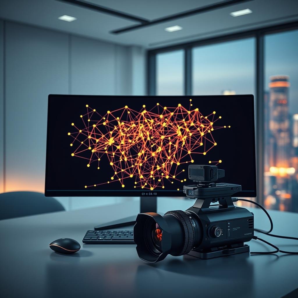 A sleek, futuristic desktop computer setup showcasing the latest advancements in computer vision technology. In the foreground, a high-resolution monitor displays a complex neural network diagram, its nodes and connections pulsing with dynamic energy. Placed prominently on the desk is a state-of-the-art camera system, its advanced lenses and sensors capturing the world in rich, detailed imagery. The background features a minimalist office environment, with clean lines, subtle ambient lighting, and a large window overlooking a vibrant, technologically-advanced cityscape. The overall atmosphere conveys a sense of innovation, efficiency, and the boundless potential of artificial intelligence in visual perception. A sleek, futuristic desktop computer setup showcasing the latest advancements in computer vision technology. In the foreground, a high-resolution monitor displays a complex neural network diagram, its nodes and connections pulsing with dynamic energy. Placed prominently on the desk is a state-of-the-art camera system, its advanced lenses and sensors capturing the world in rich, detailed imagery. The background features a minimalist office environment, with clean lines, subtle ambient lighting, and a large window overlooking a vibrant, technologically-advanced cityscape. The overall atmosphere conveys a sense of innovation, efficiency, and the boundless potential of artificial intelligence in visual perception.