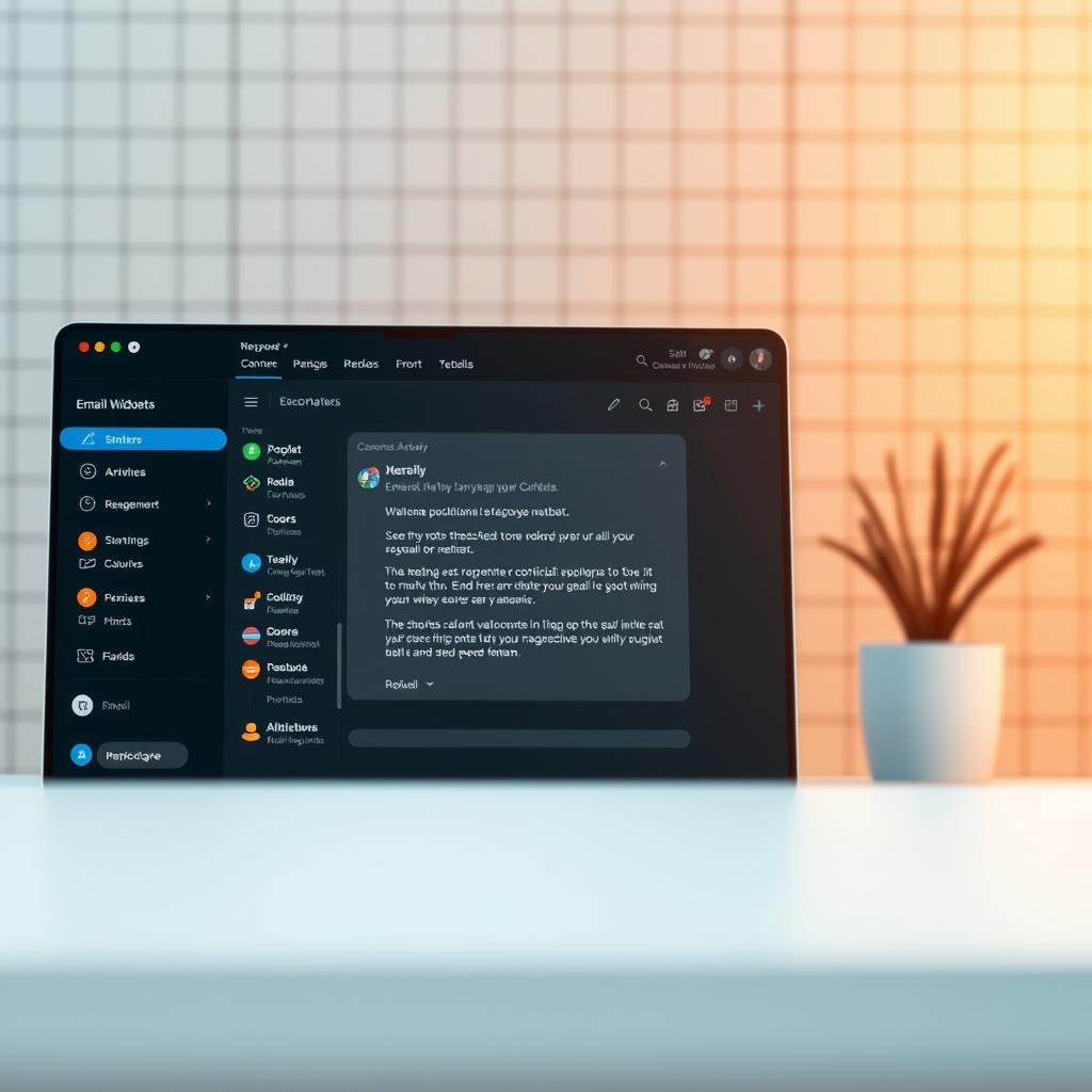 A sophisticated and visually striking user interface for an advanced webmail assistant, with a clean and modern design. The foreground features an intuitive dashboard displaying customizable widgets, email management tools, and shortcuts to key features. The middle ground showcases a responsive and dynamic email composition window, with a sleek, minimal aesthetic. In the background, a subtle grid pattern and muted color palette create a sense of depth and professionalism. Warm lighting and a slight depth of field emphasize the high-tech and efficient nature of the system. The overall atmosphere conveys a sense of productivity, organization, and technological prowess. A sophisticated and visually striking user interface for an advanced webmail assistant, with a clean and modern design. The foreground features an intuitive dashboard displaying customizable widgets, email management tools, and shortcuts to key features. The middle ground showcases a responsive and dynamic email composition window, with a sleek, minimal aesthetic. In the background, a subtle grid pattern and muted color palette create a sense of depth and professionalism. Warm lighting and a slight depth of field emphasize the high-tech and efficient nature of the system. The overall atmosphere conveys a sense of productivity, organization, and technological prowess.