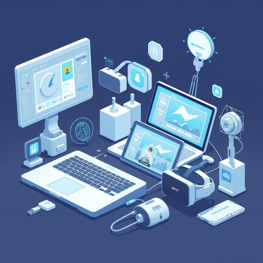 A stylized and well-lit digital illustration depicting an assortment of image generation tools, including a laptop, a tablet, a virtual reality headset, and various software interfaces and icons. The scene has a futuristic, tech-forward aesthetic, with clean lines, minimalist design, and a cool color palette of blues, grays, and whites. The tools are arranged in a dynamic, visually compelling layout that showcases their functionality and interconnectedness, hinting at the power and versatility of modern image generation technologies. The overall mood is one of innovation, creativity, and the endless possibilities of artificial intelligence and digital art. ia prompt image