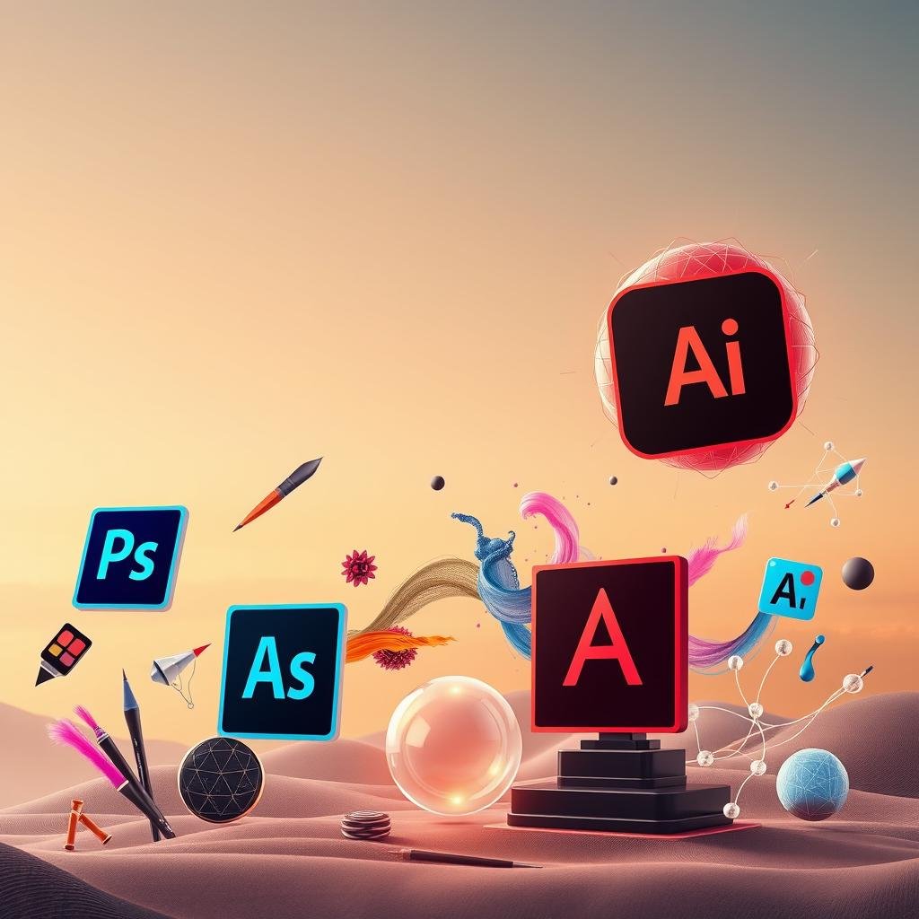 A vibrant and harmonious composition depicting the seamless integration of creative software and AI. In the foreground, an array of digital art tools and applications - Adobe Photoshop, Illustrator, Affinity Designer - floating alongside elegant icons symbolizing artificial intelligence. The middle ground showcases a dynamic blend of digital brushstrokes, vector graphics, and abstract geometric forms, all coalescing in a symphony of creativity. The background features a soft, gradient-rich sky with muted, pastel hues, creating a sense of depth and tranquility. Warm, diffused lighting casts a subtle glow, evoking a professional, high-tech aesthetic. The overall scene conveys the powerful synergy between human-driven design and intelligent technological tools, inspiring a digital artistic renaissance. A vibrant and harmonious composition depicting the seamless integration of creative software and AI. In the foreground, an array of digital art tools and applications - Adobe Photoshop, Illustrator, Affinity Designer - floating alongside elegant icons symbolizing artificial intelligence. The middle ground showcases a dynamic blend of digital brushstrokes, vector graphics, and abstract geometric forms, all coalescing in a symphony of creativity. The background features a soft, gradient-rich sky with muted, pastel hues, creating a sense of depth and tranquility. Warm, diffused lighting casts a subtle glow, evoking a professional, high-tech aesthetic. The overall scene conveys the powerful synergy between human-driven design and intelligent technological tools, inspiring a digital artistic renaissance.