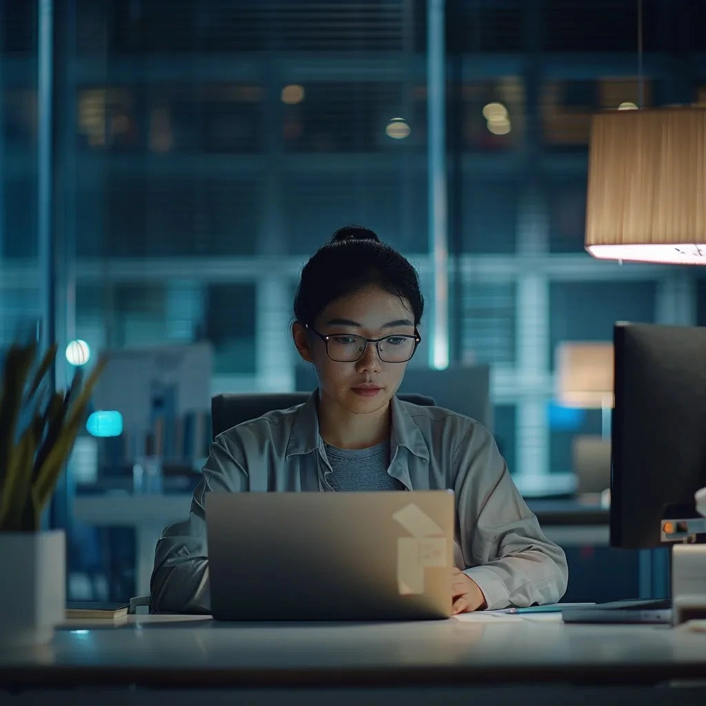 un professionnel attentif est assis à un bureau moderne, analysant des textes sur un ordinateur portable, où une interface d'ia affiche des éléments visuels aux côtés d'un contenu rédigé, le tout baigné dans une lumière douce et chaleureuse qui souligne l'atmosphère soignée et studieuse de l'espace.