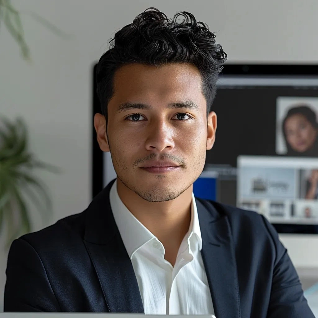 une personne bien habillée pose pour une photo d'identité devant un fond neutre et bien éclairé, tandis qu'un écran d'ordinateur portable à côté affiche une interface d'édition photo basée sur l'ia, mettant en avant des options de retouche automatique, créant une ambiance moderne et high-tech axée sur la photographie professionnelle assistée par intelligence artificielle, ia photo professionnel