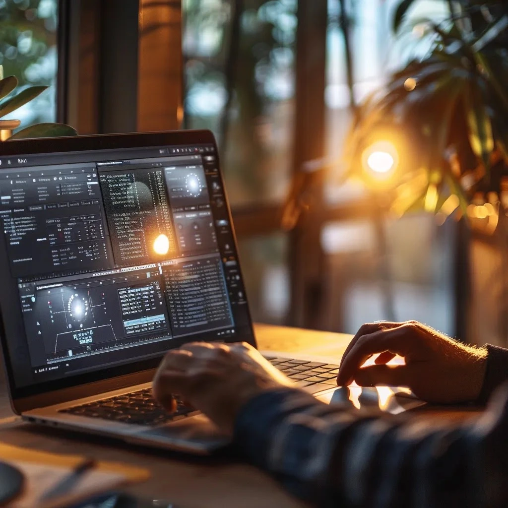 une personne concentrée à un bureau moderne, éditant un texte sur un ordinateur portable avec un affichage d'interface ia à gauche et un texte rédigé humainement à droite, le tout illuminé par une lumière douce et naturelle, dans une ambiance professionnelle et épurée.