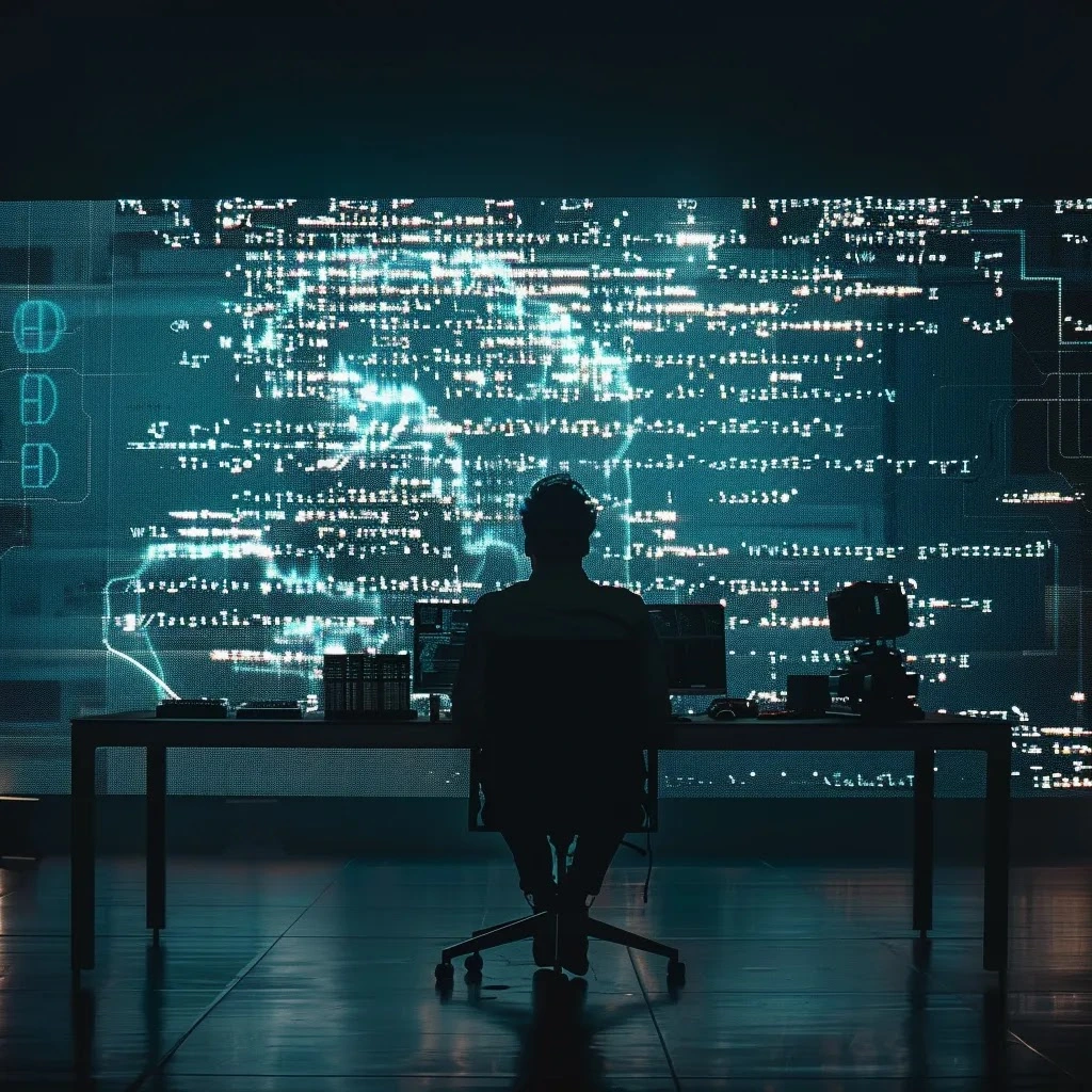 une scène captivante montrant un éditeur concentré devant un écran lumineux, modifiant un texte digital, tandis que des éléments robotiques d'ia s'estompent en arrière-plan, illustrant la transformation d'un texte artificiel en écriture humaine.