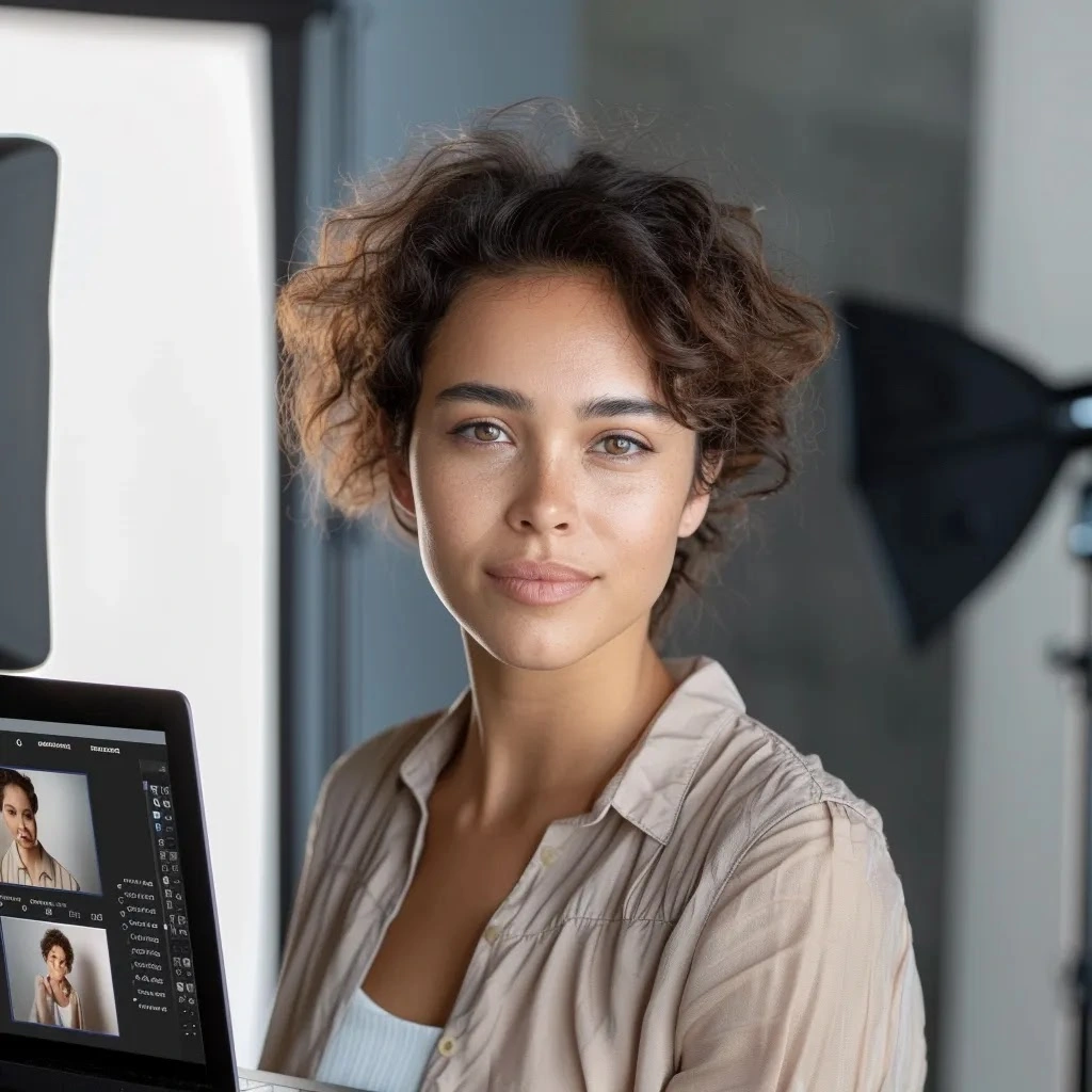 une personne habillée de manière professionnelle pose pour une photo d'identité devant un fond neutre et bien éclairé, tandis qu'un écran d'ordinateur portable à côté montre une interface de retouche photo intelligente, mettant en avant des options d'amélioration automatique telles que l'ajustement de la lumière et le remplacement de fond, le tout dans une ambiance moderne et high-techphoto, professionnelle ia