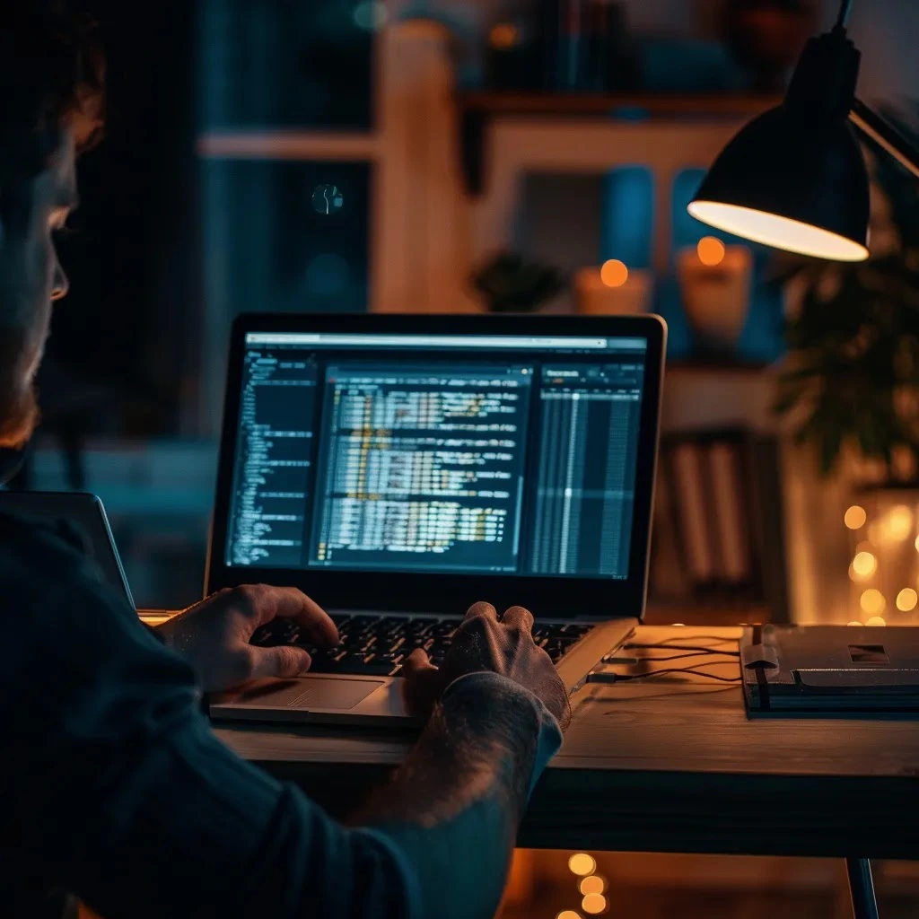 un bureau moderne, illuminé par une lumière douce, où une personne est assise devant un ordinateur portable, éditant un texte avec une interface d'ia sur un côté de l'écran et un texte humanisé de l'autre côté, illustrant l'optimisation de la clarté et de la qualité des écrits.