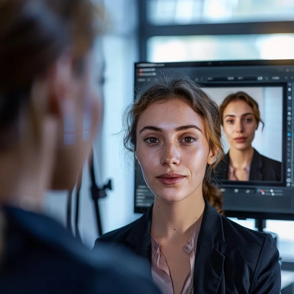 une personne habillée professionnellement pose pour une photo d'identité devant un fond neutre et bien éclairé, tandis qu'un écran d'ordinateur portable à côté d'elle affiche une interface de retouche photo ia, mettant en avant des options d'amélioration automatique, le tout dans une atmosphère moderne et technologique, photo professionnelle ia