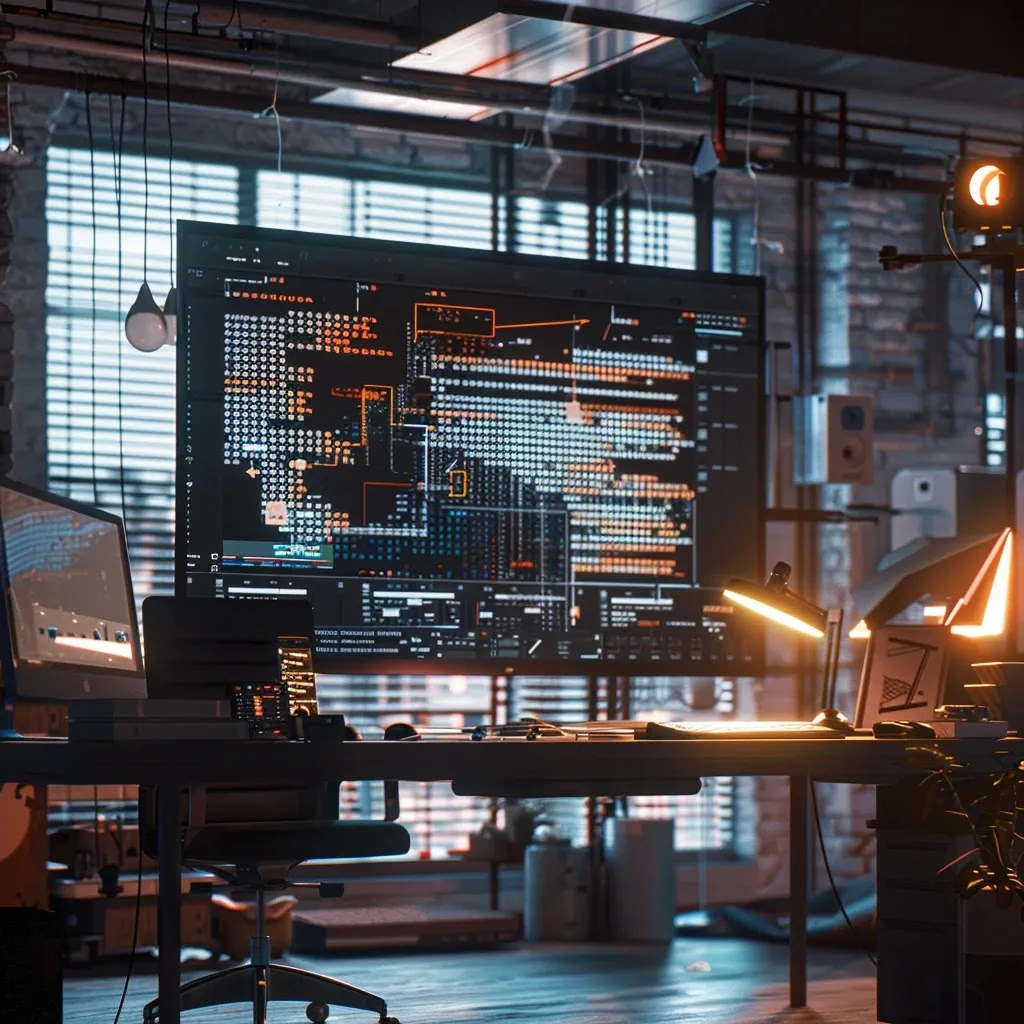 une scène réaliste et captivante d'un écran d'édition dans un bureau moderne, où un texte numérique se transforme sous une lumière professionnelle, tandis que des éléments robotiques évoquant l'ia s'estompent en arrière-plan, illustrant la fusion entre l'intelligence artificielle et l'écriture humaine.