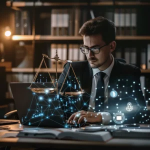 un avocat professionnel dans un bureau moderne, concentré sur son ordinateur portable affichant les interfaces de chatgpt et juriv ia, entouré de documents juridiques et de graphiques de données ia, tandis qu'une échelle de la justice holographique flotte en arrière-plan, symbolisant l'intégration de l'intelligence artificielle dans la pratique juridique.