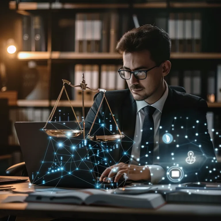 un avocat professionnel dans un bureau moderne, concentré sur son ordinateur portable affichant les interfaces de chatgpt et juriv ia, entouré de documents juridiques et de graphiques de données ia, tandis qu'une échelle de la justice holographique flotte en arrière-plan, symbolisant l'intégration de l'intelligence artificielle dans la pratique juridique.