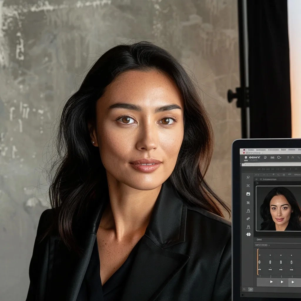 une personne en tenue professionnelle pose pour une photo d'identité devant un fond neutre et bien éclairé, tandis qu'un écran d'ordinateur portable à côté d'elle affiche une interface de retouche photo basée sur l'ia, mettant en avant des options d'amélioration automatiques comme le réglage de la luminosité et la suppression de l'arrière-plan, le tout dans un rendu photoréaliste ultra hd, photo professionnelle ia gratuite