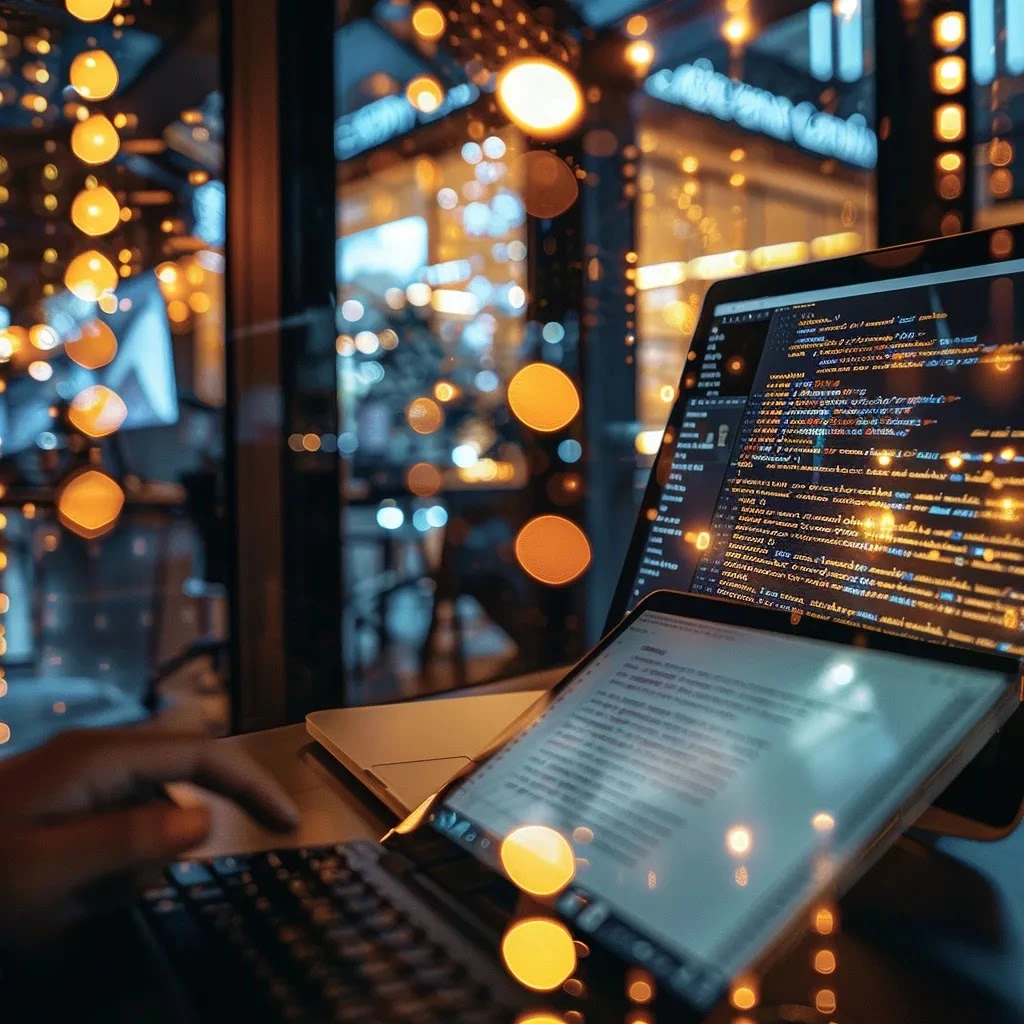 une scène moderne et lumineuse dans un bureau élégant, où un écran affichant du texte numérique est en cours de retouche par une main humaine, tandis que des éléments robotiques d'intelligence artificielle se fondent subtilement à l'arrière-plan, symbolisant la transformation du texte artificiel en écriture authentique.