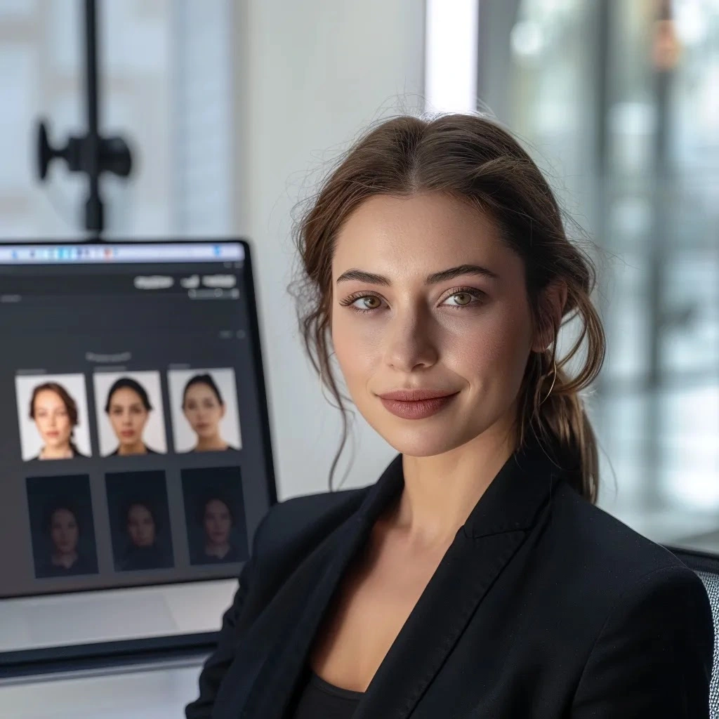 une personne en tenue professionnelle pose pour une photo d'identité devant un arrière-plan neutre et bien éclairé, tandis qu'à côté, un écran d'ordinateur portable affiche une interface d'édition photo basée sur l'ia, mettant en avant des options d'amélioration automatique comme l'ajustement de l'éclairage et la suppression de l'arrière-plan, le tout dans une ambiance moderne et technologique, photo professionnelle ia