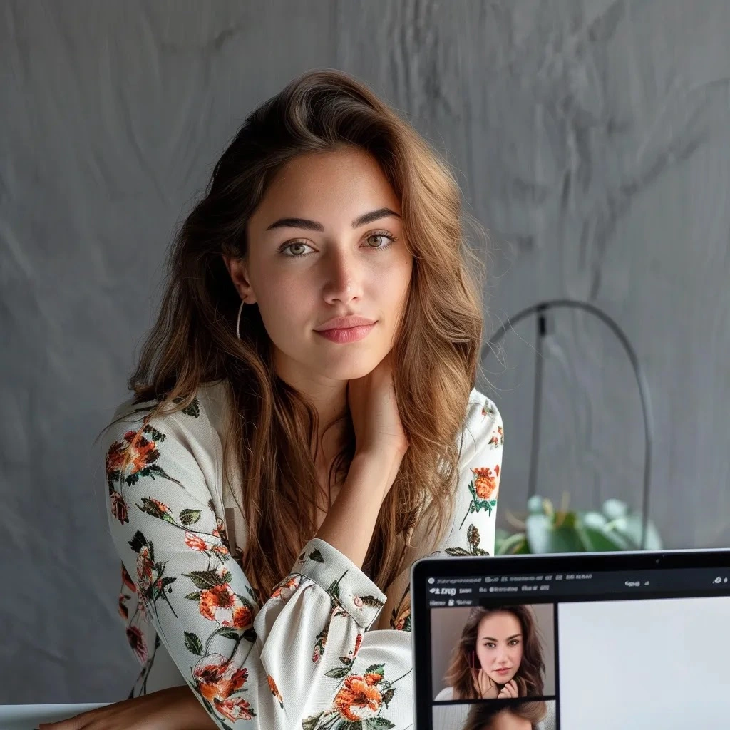 un professionnel élégamment habillé pose pour une photo d'identité devant un fond neutre et bien éclairé, tandis qu'à côté, un écran d'ordinateur portable affiche une interface de retouche photo ia, mettant en valeur des options d'amélioration automatique, capturant l'essence moderne et technologique de la photographie professionnelle, photo professionnelle ia gratuit en ligne
