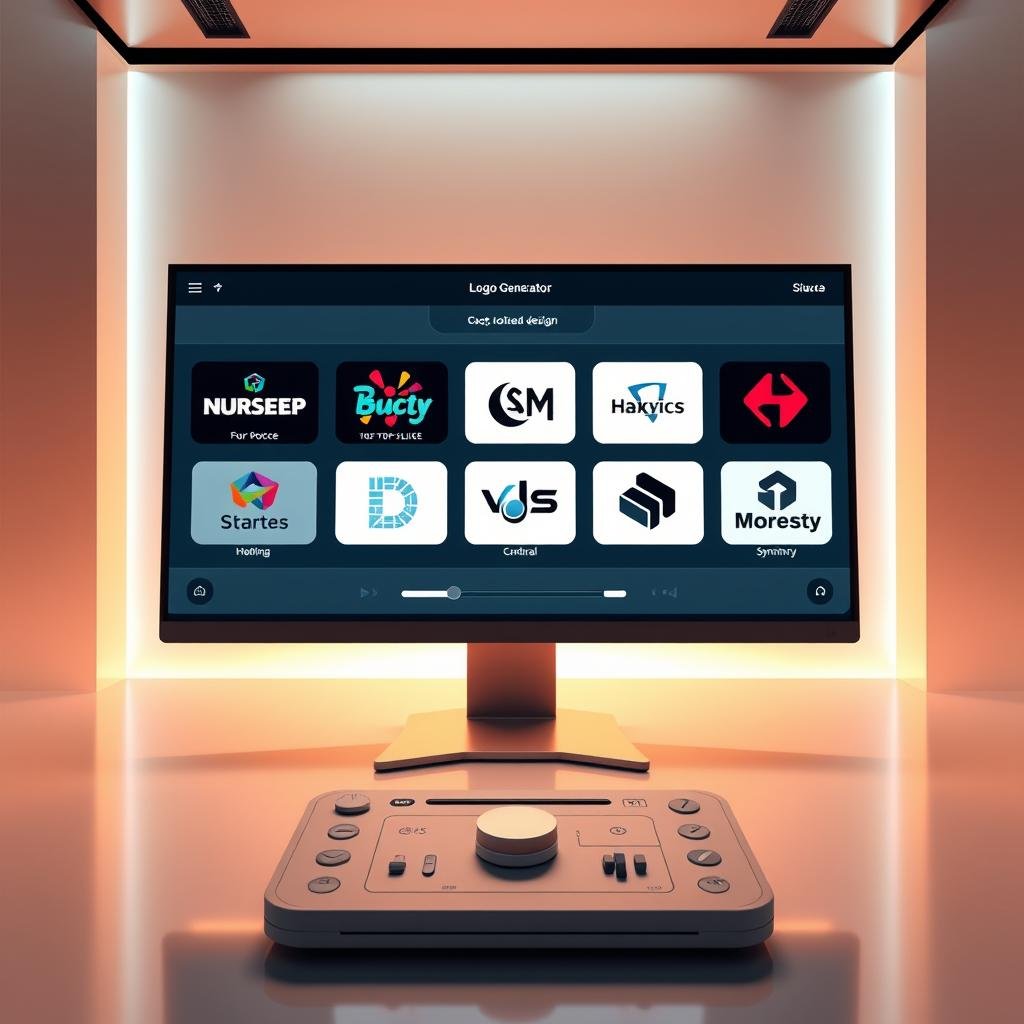 A sleek and modern logo generator interface, showcasing a customizable AI-powered design process. In the foreground, a computer screen displays various logo options, each with unique typographic treatments and abstract graphic elements. The middle ground features a futuristic control panel with sliders and toggles, allowing the user to fine-tune the logo's style, color palette, and symmetry. The background sets the scene with a minimalist, high-tech environment, bathed in warm, directional lighting that emphasizes the clean, sophisticated aesthetic. The overall atmosphere conveys the power and precision of an intelligent, generative logo design system.
