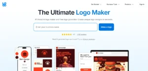 Interface de site web d'un créateur de logos avec un champ de saisie et des exemples de logos de hamburgers.