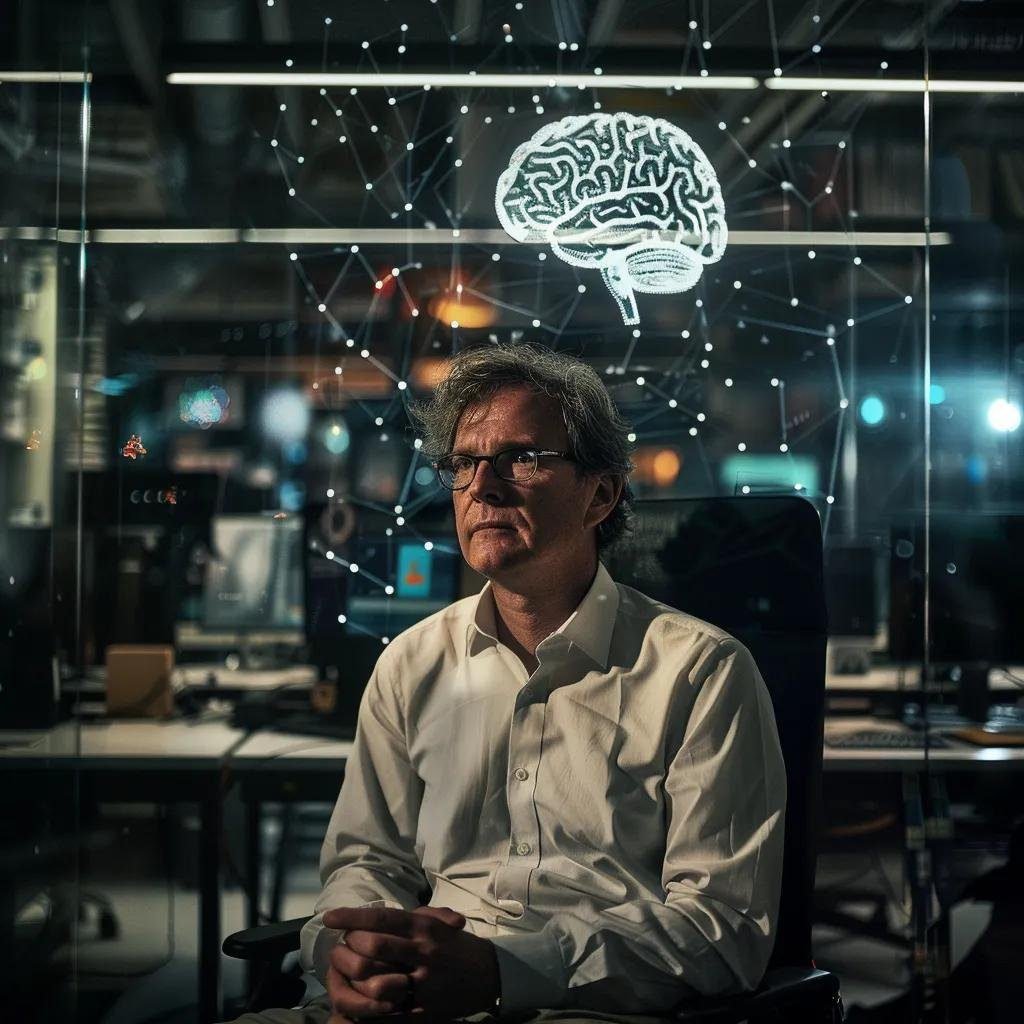 un intellectuel méditatif, incarnant luc ferry, se tient dans un bureau moderne, entouré de symboles technologiques, tels qu'un cerveau numérique et des circuits, tandis qu'il réfléchit profondément aux enjeux éthiques de l'intelligence artificielle dans une atmosphère sombre et inspirante.