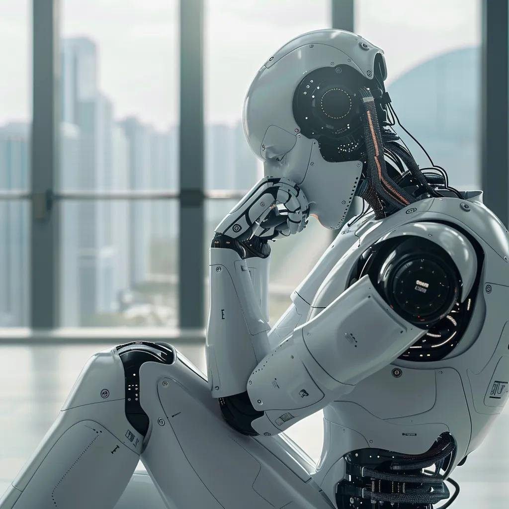 un penseur contemplatif se tient dans un espace de travail moderne, entouré de technologies futuristes telles que des bras robotiques et des interfaces numériques, illustrant la connexion profonde entre la philosophie classique et l'intelligence artificielle.
