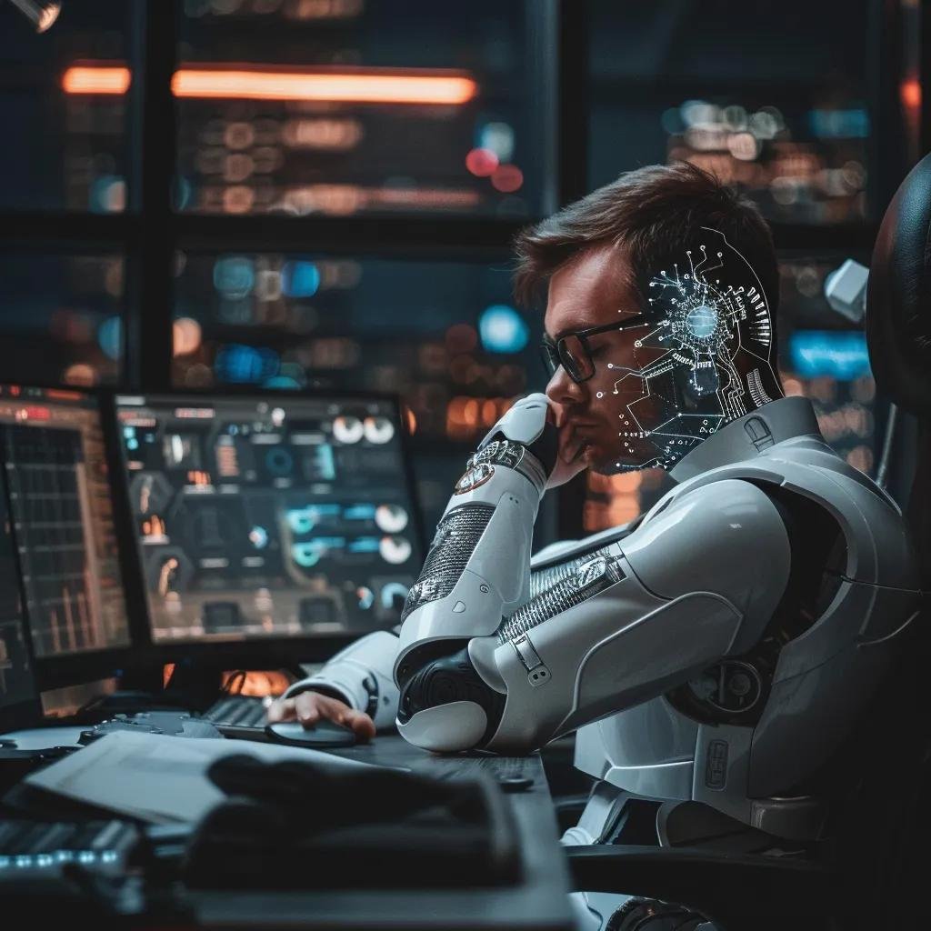 un philosophe pensif, entouré d'écrans numériques futuristes et de bras robotiques, se tient dans un bureau moderniste, illustrant la connexion complexe entre l'humanité et l'intelligence artificielle dans une atmosphère intellectuelle intrigante.