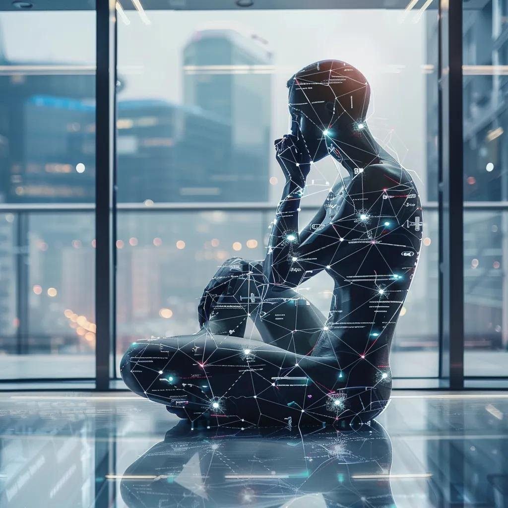 une figure contemplative se tient dans un bureau moderne, entourée de technologies futuristes comme des bras robotiques et des interfaces numériques, illustrant l'interconnexion entre la philosophie classique et l'intelligence artificielle dans une ambiance intellectuelle et réfléchie.
