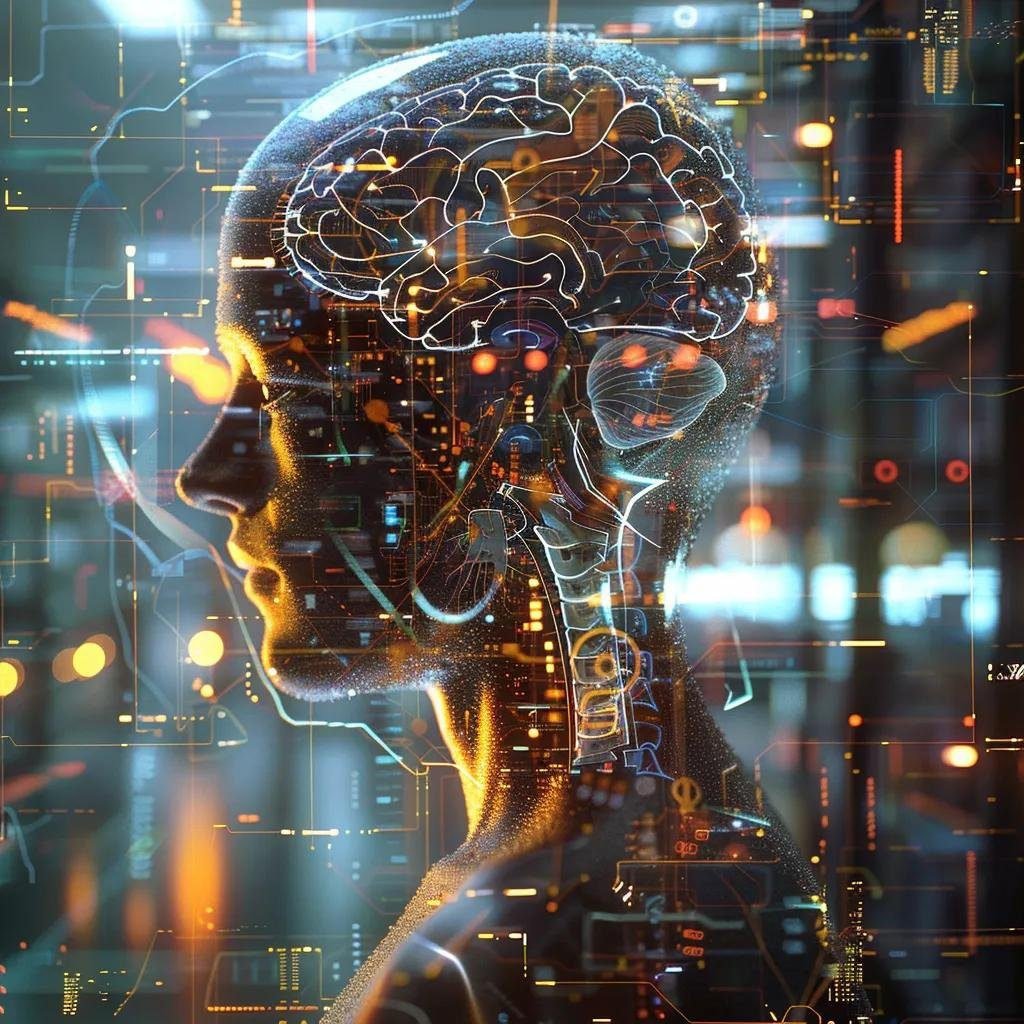 une illustration puissante montre luc ferry, en tant que philosophe, plongé dans ses réflexions sur l'impact de l'intelligence artificielle, entouré d'éléments futuristes tels qu'un cerveau numérique et des circuits, dans un bureau moderne et sobre, reflétant une ambiance intellectuelle et sérieuse.